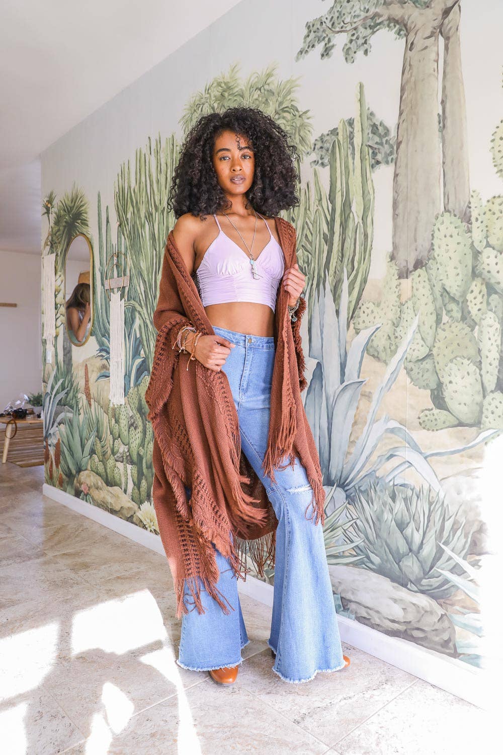 Frayed Border Bohemian Poncho, Brown