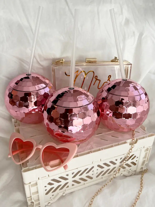 Pink Disco Ball Cup with Clear Straw