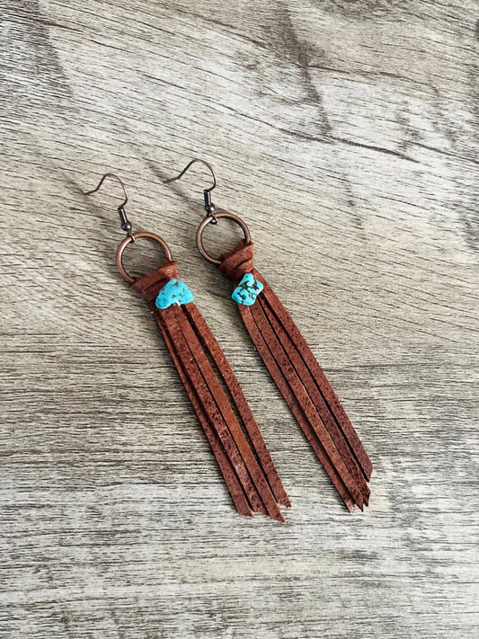 Darby Tassel Earrings, brown with turquoise stone