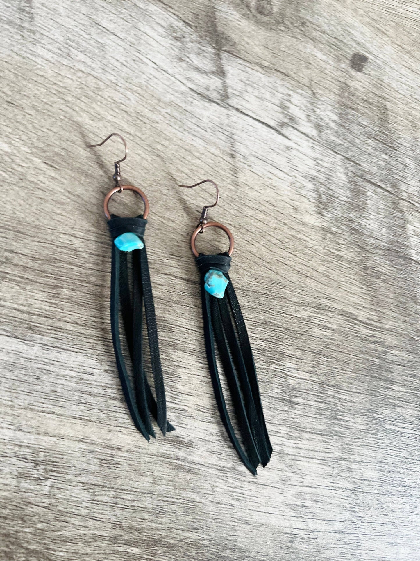 Darby Tassel Earrings, black with turquoise stone